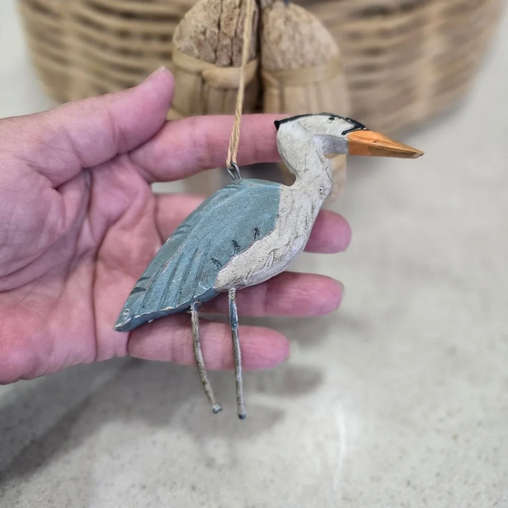 Woven Wicker Wall Hanging Basket with Wooden Heron and fish Charms Coastal Decor